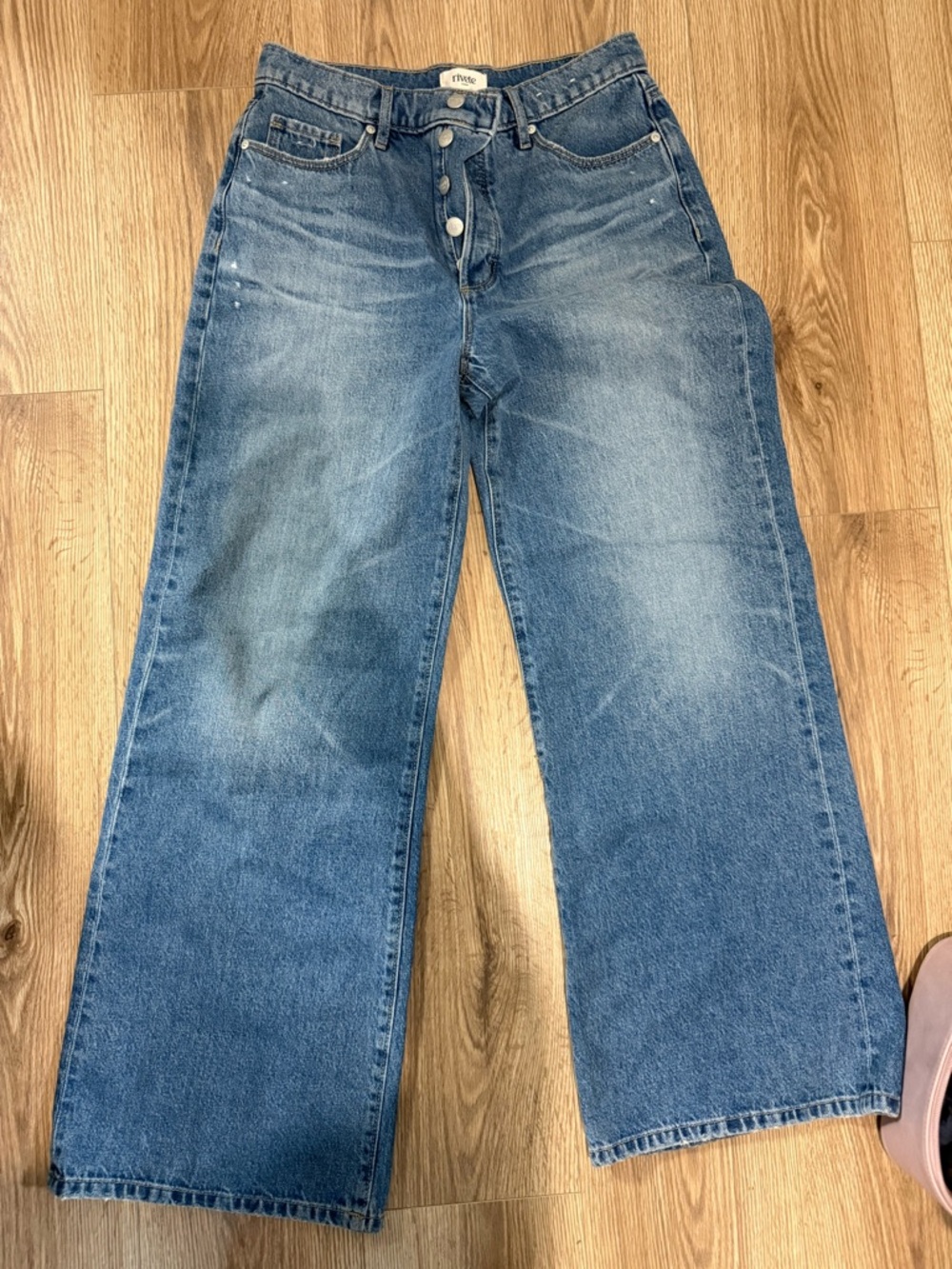 Wide Leg Button-Fly Jeans by Rivete Loft- Blue